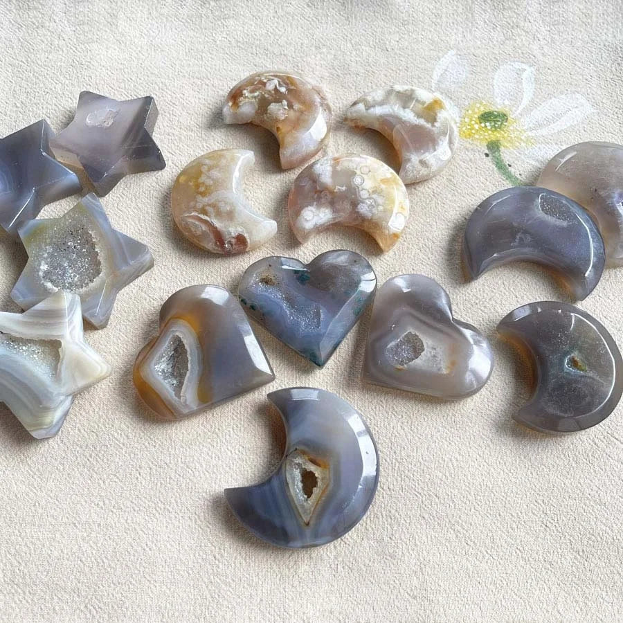 Wholesale Crystal Star Hand Carved Crystal Gemstone Moon Geode Druzy Healing Stones Agate Geode Heart