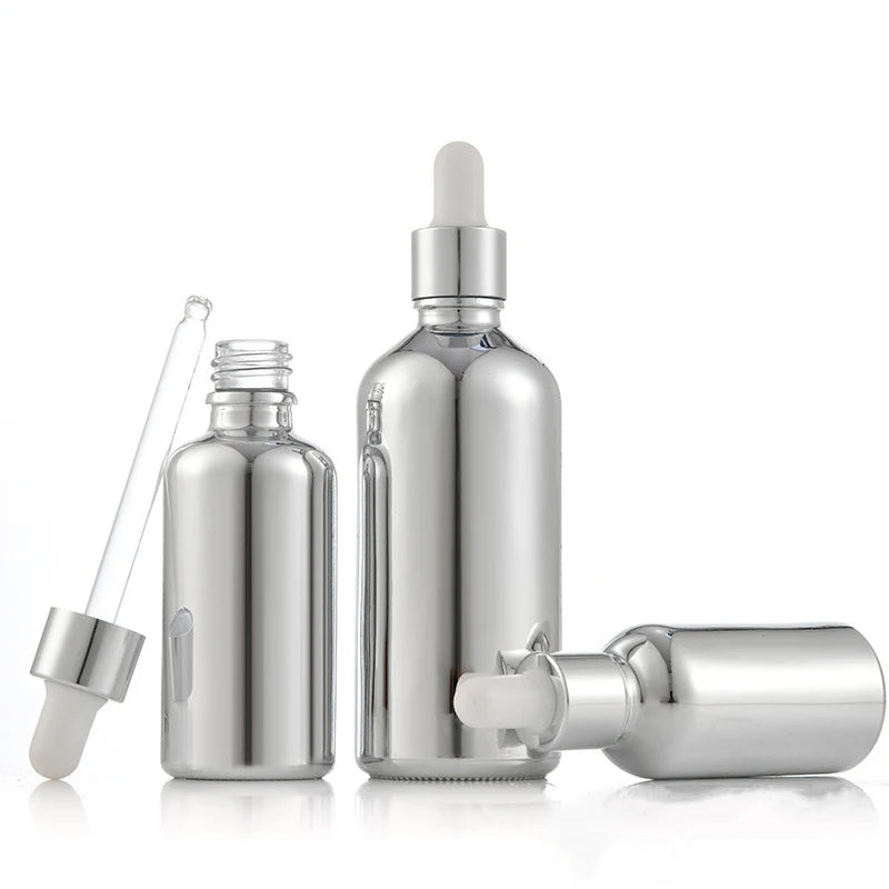50ml Metallic Silver Glass Dropper Bottle for Skin Care Serum Face Cream Eye Drops with Silver Cap 15ml Essential Oil Use