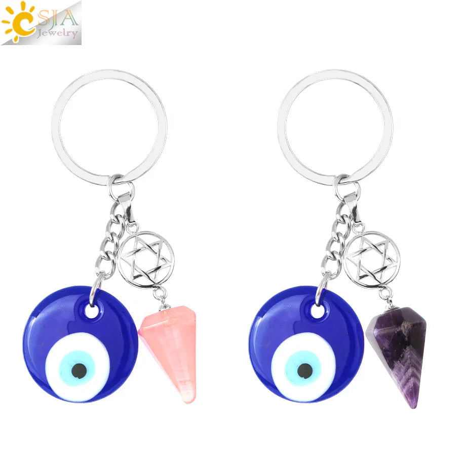 CSJA Wholesale Reiki Evil Eye Natural Healing Crystals Keychains Gemstone Key Ring Holder for Bags Gift G966
