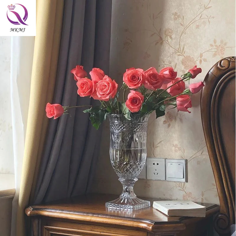 Large French Retro Relief Vase Crystal Glass High Foot Flower Wholesale Hydroponic Lily Flower Arrangement Ware for Living Room