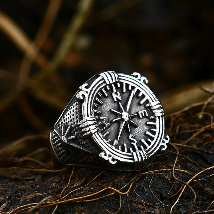 Vintage Dainty Men Jewelry Stainless Steel Compass Hoop Finger Rings