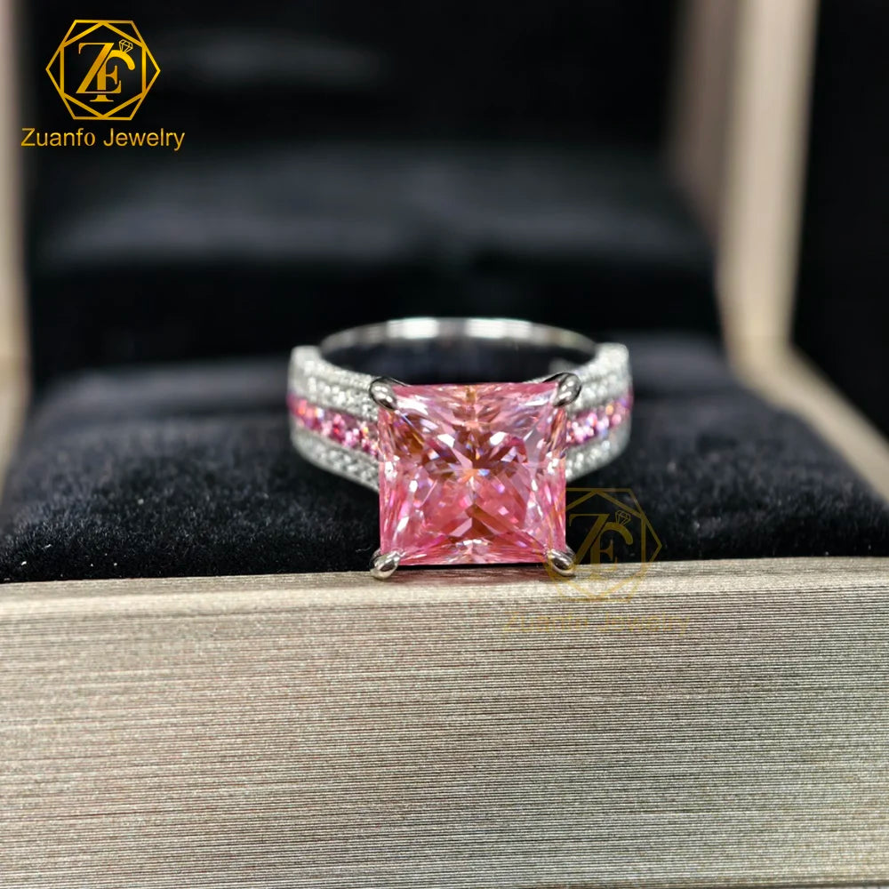 Custom Fine Jewelry Ring 14k Solid Gold 5CT Princess Cut Diamond Ring Vintage Ice Out Pink Moissanite Engagement Promise Ring
