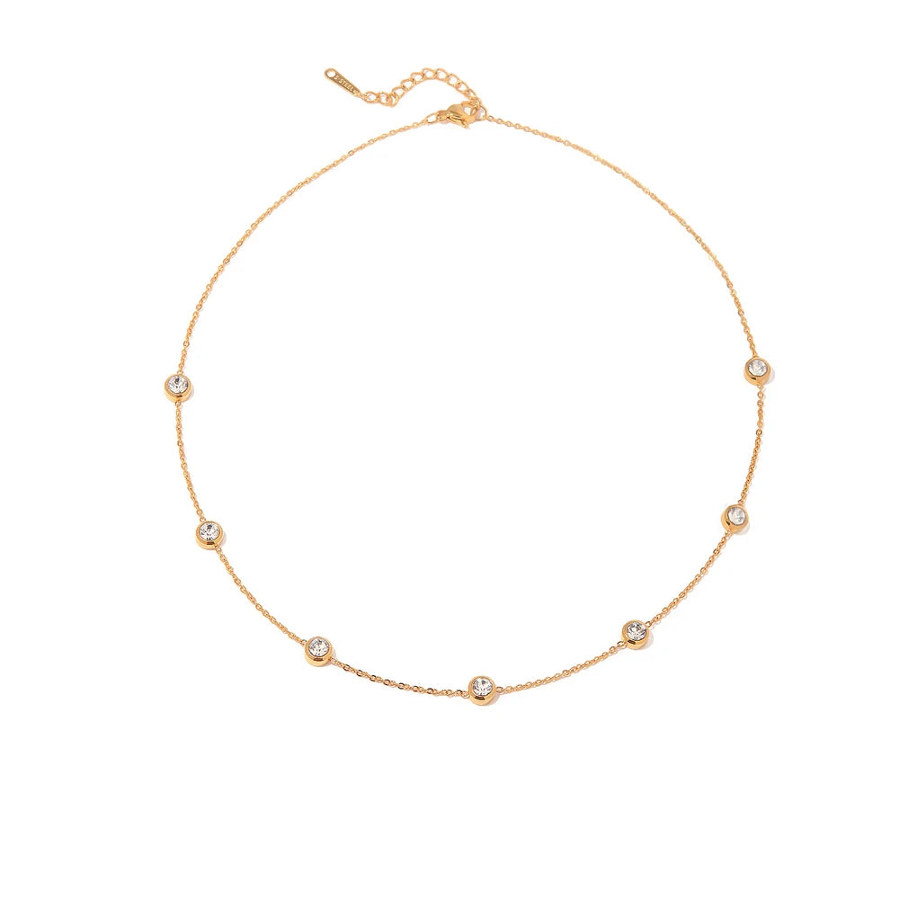 N&S Round Zircon Necklace with Vintage Style Sparkling Stainless Steel Freshwater Pearl Trendy Link Chain Jewelry for Women Gift