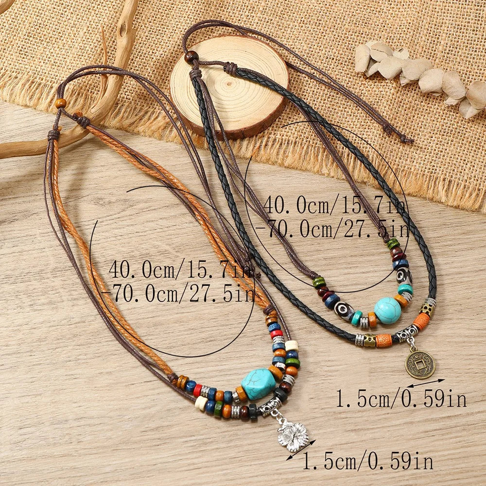 Hot Selling Vintage Tribal Boho Style Double Layer Braid Necklace for Men Trendy Geometric Leather with Charm Coin Pendant