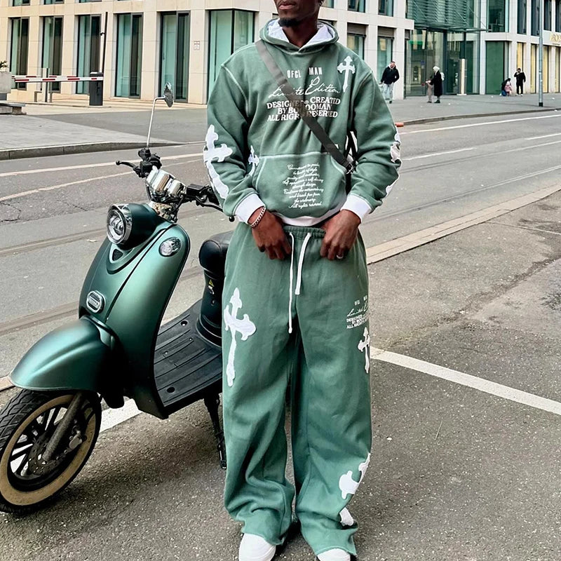 Qiaoshou OEM Custom Embroidery Patches Acid Washed Vintage Cropped Hoodies Baggy Sweatpants Tracksuits for Men