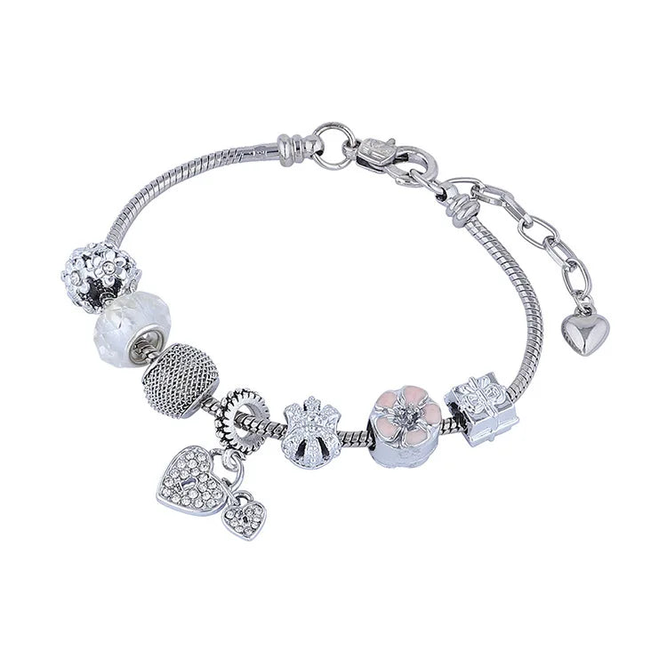Fashion Women Charm Bead Crystal Flower Heart Bracelets Metal Bangles Pulsera Punk Rose Gold Zirconia Bracelet Jewelry