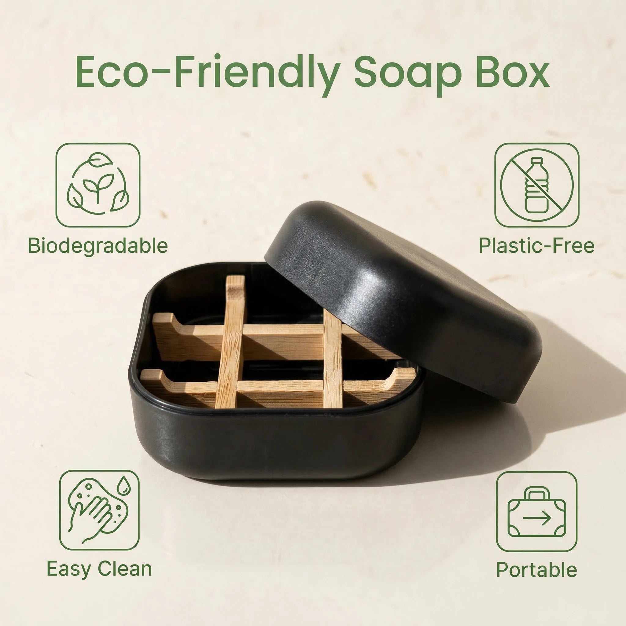 Eco-Friendly Nature Bamboo Fiber Shell Wood Square Shampoo Bar Box Holder with Bamboo Draining Tray for Travel Soap Conditioner