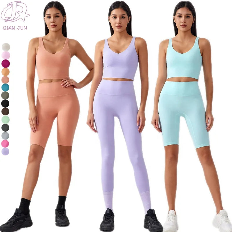 New Solid Color High Waist Sports Set Wholesale 3-Piece Women's Yoga Set Casual Women Yoga Set