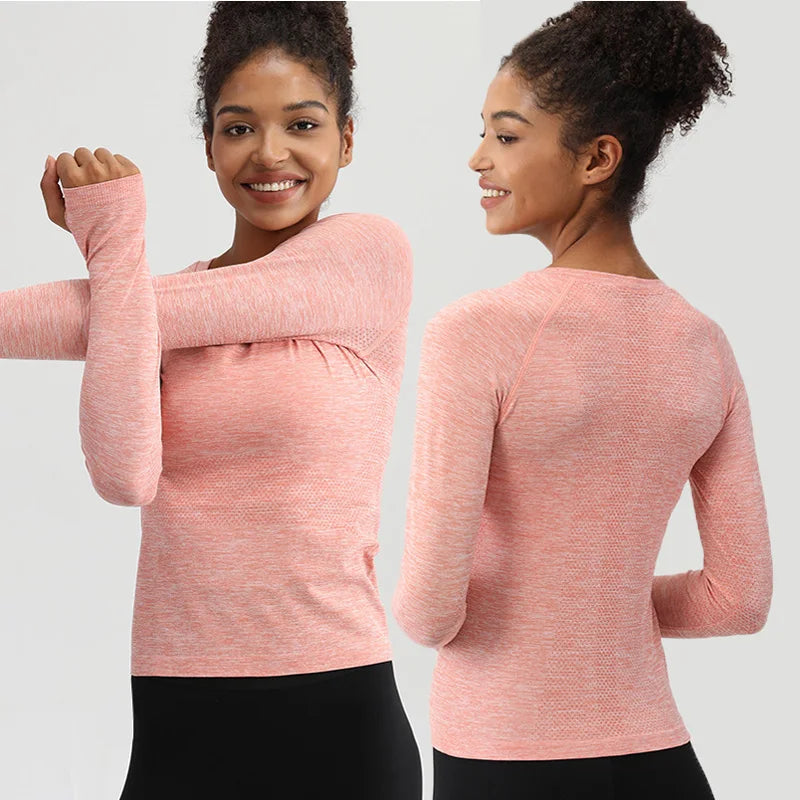 SHINBENE Classic Women's Long Sleeve Shirts Running Seamless Crop Tops Yoga T-shirts