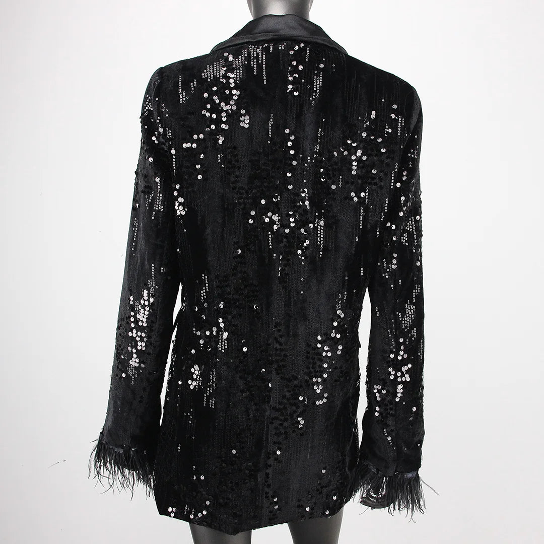 2024 Spring Summer Women's Business Suit Long Sleeve Sequin Outer Dress with Tassel European American Fashion Jacket Top