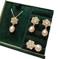 Fashion Clear Shiny CZ Zircon Flower Elegant Freshwater Pearl Earrings Necklace Ring Gift Jewelry Set for Women
