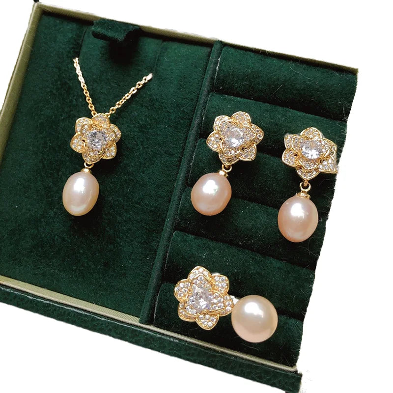 Fashion Clear Shiny CZ Zircon Flower Elegant Freshwater Pearl Earrings Necklace Ring Gift Jewelry Set for Women