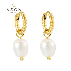 Ason Elegant Fashion Jewelry Pearl Twist Drop Earrings Stainless Steel 18K Pvd Gold Plated Pendant Hoop Earrings for Women