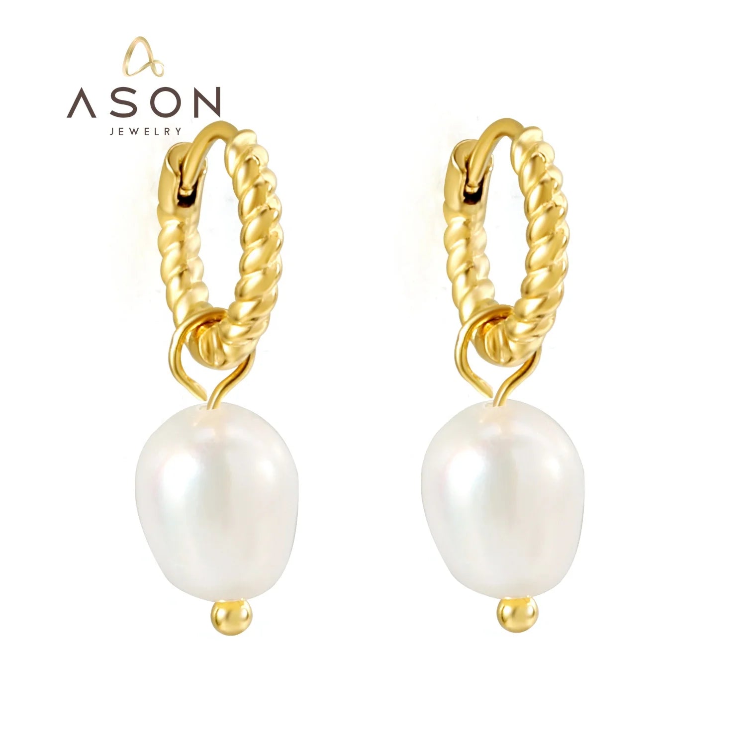 Ason Elegant Fashion Jewelry Pearl Twist Drop Earrings Stainless Steel 18K Pvd Gold Plated Pendant Hoop Earrings for Women