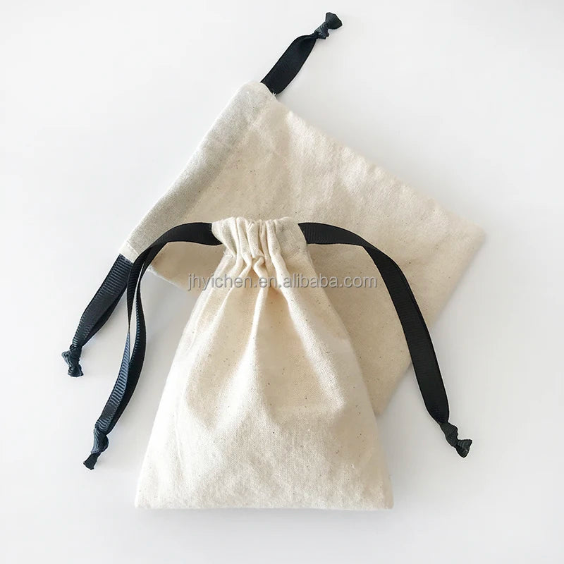 High Quality Natural Cotton Drawstring Jewelry Beads Packaging Bag Small Rings Pouch With Ribbon String