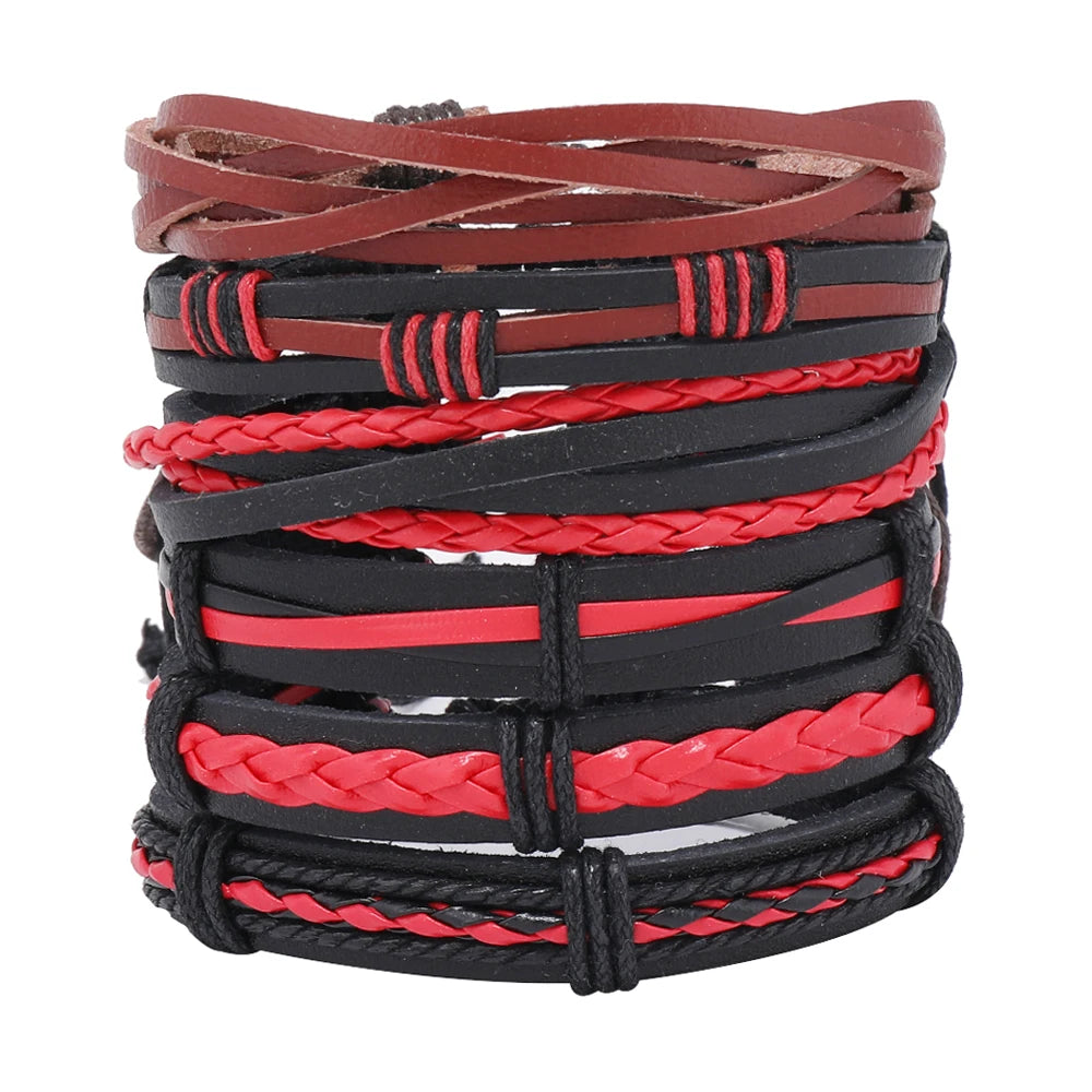 Handmade Vintage Leather Bracelets for Men Black and Red Braid Bangles 6pcs Fashion Charm Jewelry Woven by Hand