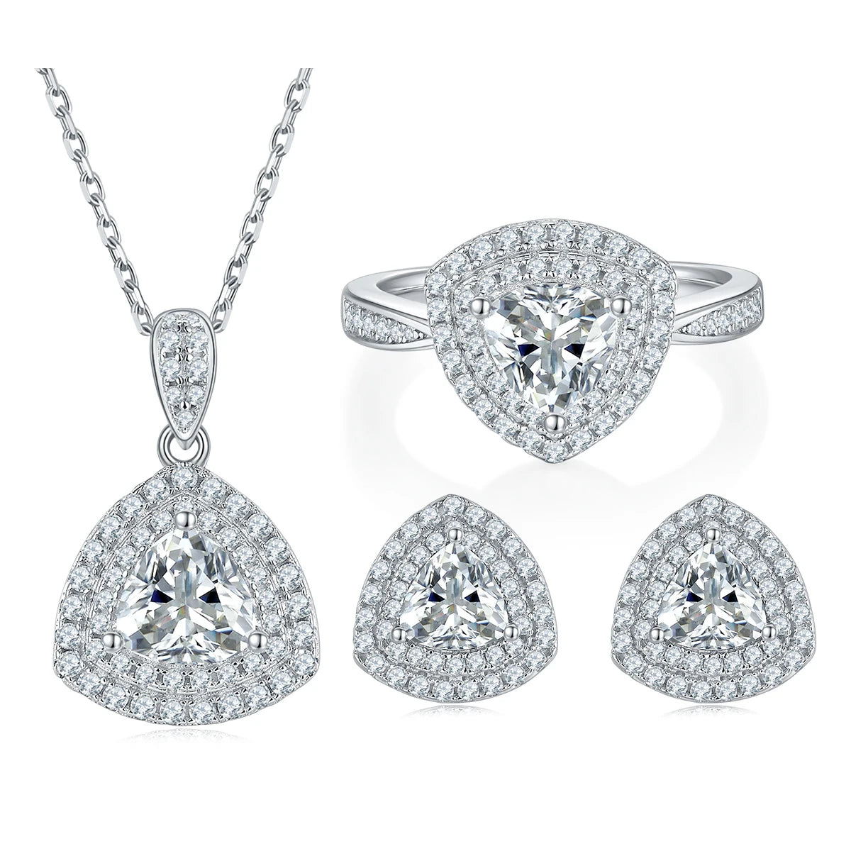 T93F Abiding 925 Sterling Silver Fine Jewelry Set Double Halo White Moissanite 925 Silver Trillion Cut Wedding Jewelry Set