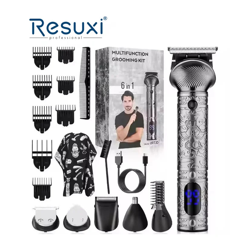 Resuxi 697JD Gray Professional Hair Clipper Sharpening Machine Grooming Kit All Metal Electric Hair Trimmer Clippers 6 in 1 Usb