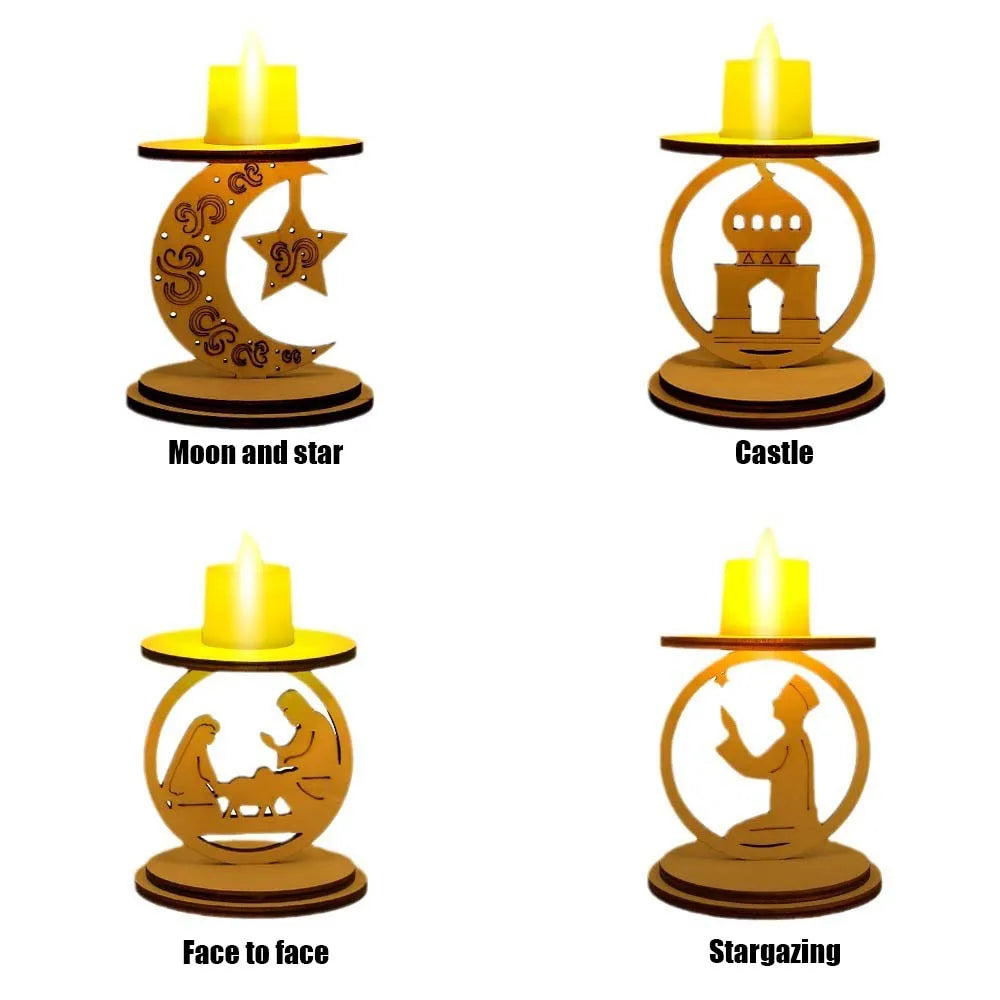 Ramadan Wooden Candlestick-DIY Candle Holder Decoration Star Moon Three-dimensional Decoration Ramadan Decor