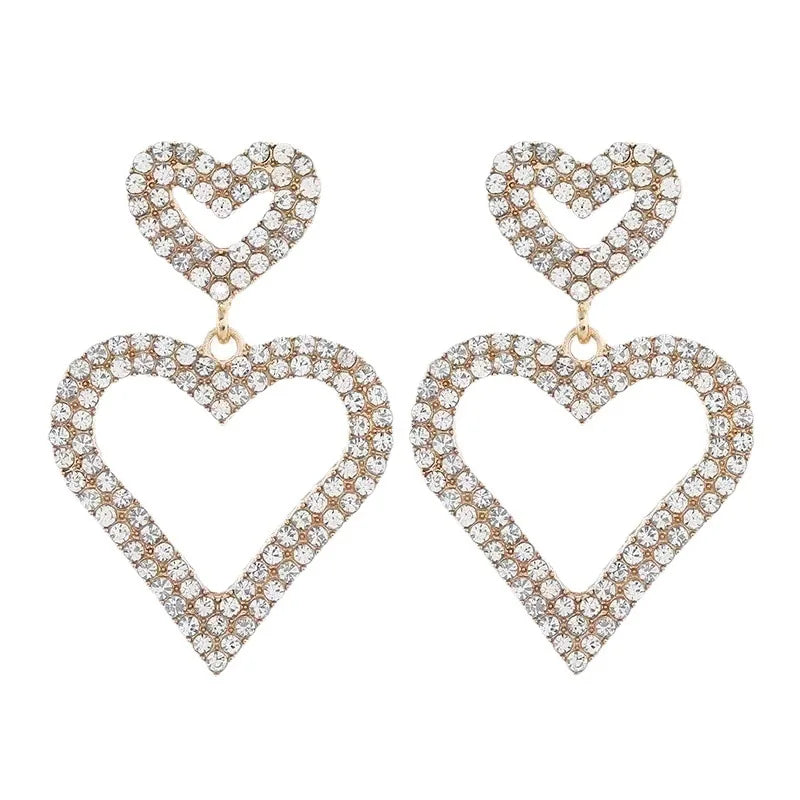 AA016271 925 Silver Needle Exaggerated Diamond Heart Earrings Jewelry Double Dangling Heart Earrings Women