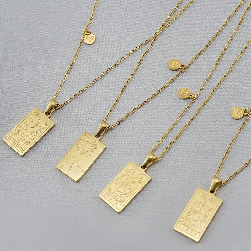 18K Gold Plated 12 Horoscope Tag Stainless Steel Zodiac Sign Charm Pendant Necklace for Women Men