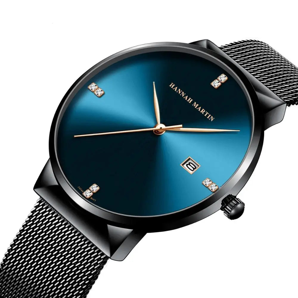 HANNAH MARTIN 901 Top New Men Watch Quartz Wristwatch Stainless Steel Waterproof Simple Mesh Clock Business Mens Watches
