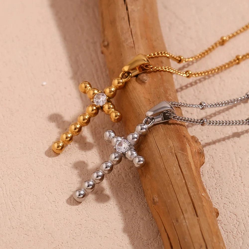 Gold Plated Beaded Cross Necklace Zircon Pendant Necklace for Women Stainless Steel Gift for Women