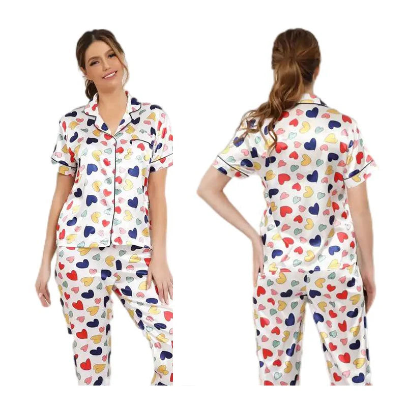 Luxury Silk Satin Pajamas for Women Home Wear 2 Pieces Short Sleeve Long Pants Satin Pajama Set Sleepwear