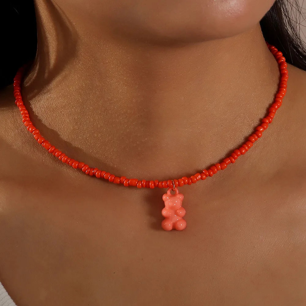 Hip Hop Trendy Candy Color Rice Bead Bear Pendant Necklace Bear Handmade Jewelry Choker Necklace for Women