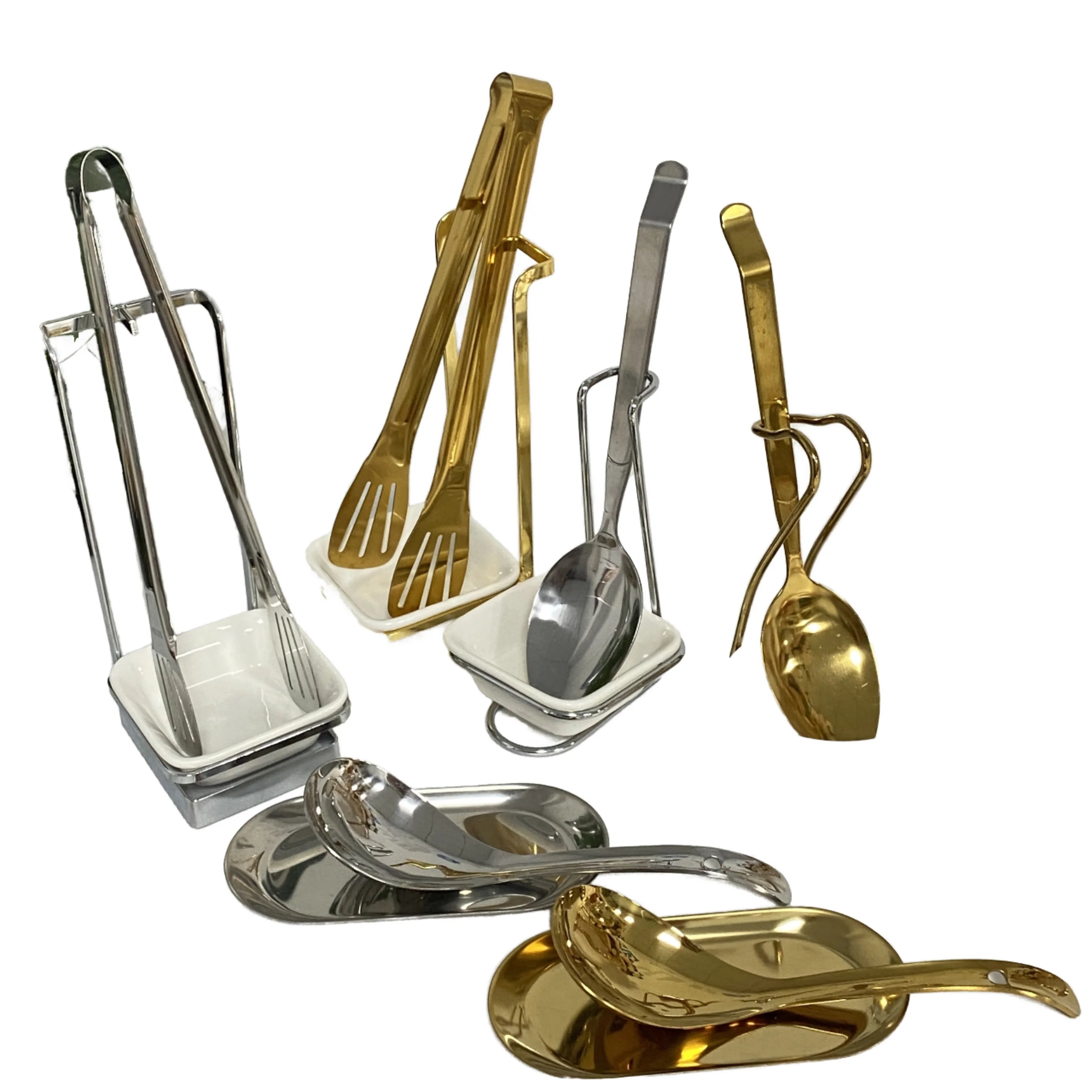 Wholesale Gold Stainless Steel Vertical Spoon Rest Buffet Utensil Holder with Ceramic Dish for Restaurant & Hot Pot