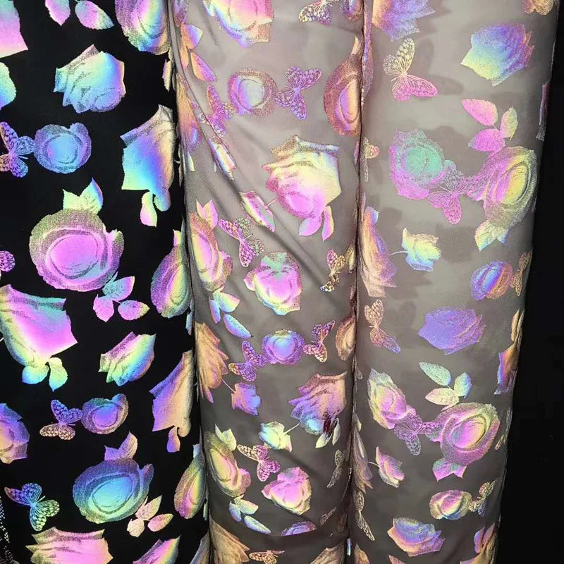Custom New Fashion Breathable 4 Ways Stretch Spandex Flower Pattern Design Printed rainbow Reflective Fabric for Women Dresses