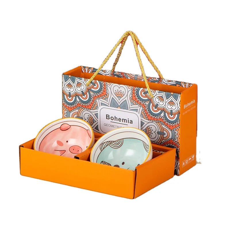 Oriental Design Ceramic Porcelain Dinner Set Rice Bowl and Plate with Gift Box Safe for Dishwasher Cute Cartoon Style Design