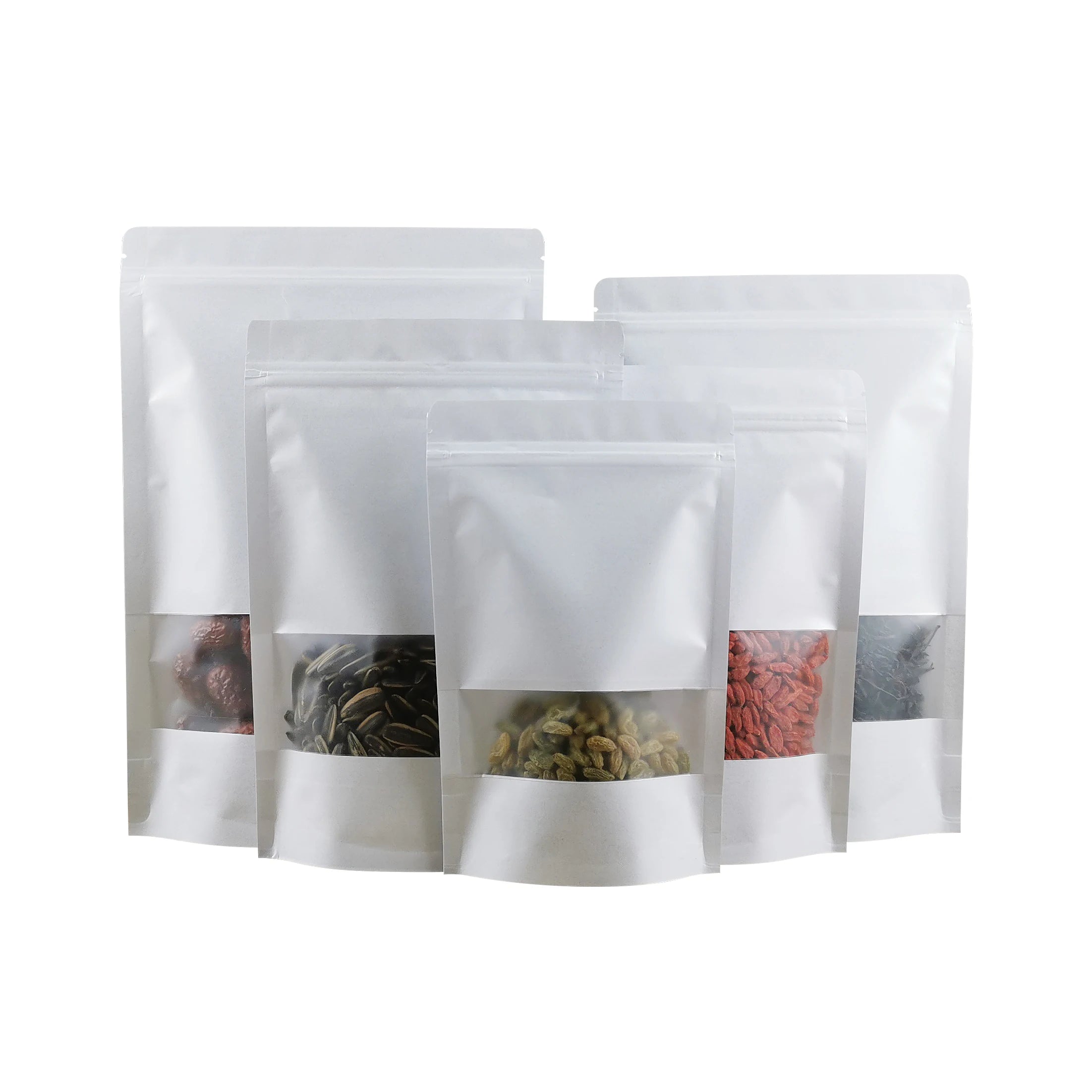 Custom Logo Grease Proof White Kraft Paper Zipper Stand up Bag for Nuts Tea Packaging with Window