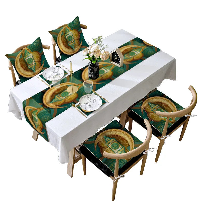 Ramadan Eid Decorative Pillow Case and Table Runner Set Fancy Polyester Linen Peach Skin Cloth Woven Techniques