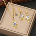 Luxury 18K Gold Plated Stainless Steel Clear Cubic Zirconia Blue Drip Eye Hand Pendant Necklace Earring for Women