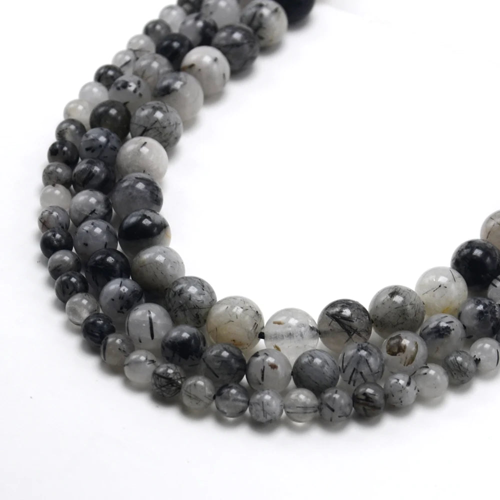 Bestone Round Loose Beads Crystal Beads Black Rutilated Quartz for DIY Jewelry Making