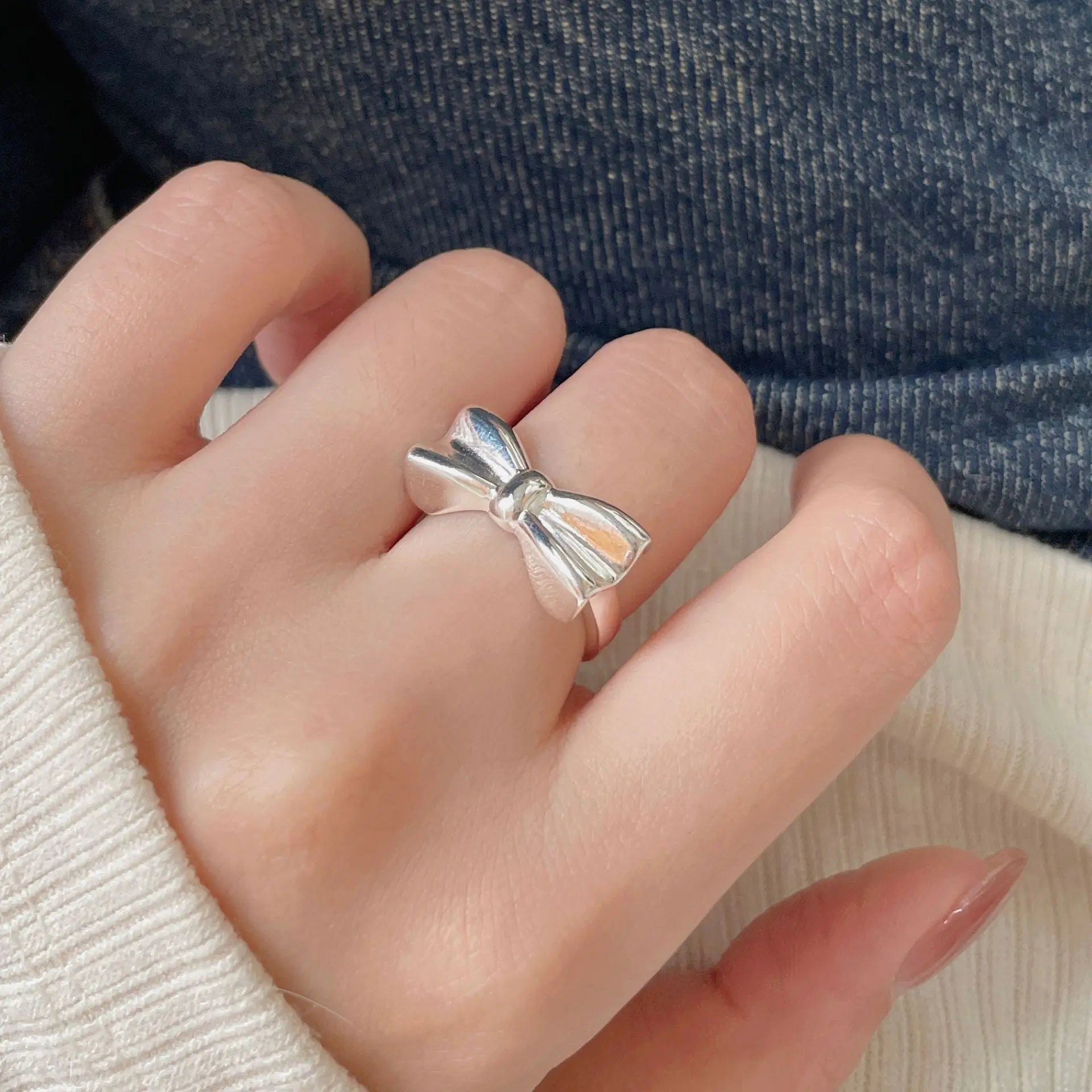 Fashion Bow Tie Silver Plated 925 Sterling Silver Minimalist Adjustable Rings for Women