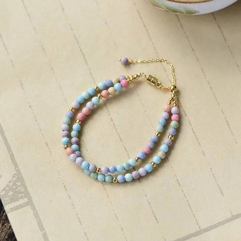 Hand Made 14k Gold Filled  Natural Alashan Agate Bright Jade Double Ring Bracelet  Natural Crystal Gemstone  Jewelry
