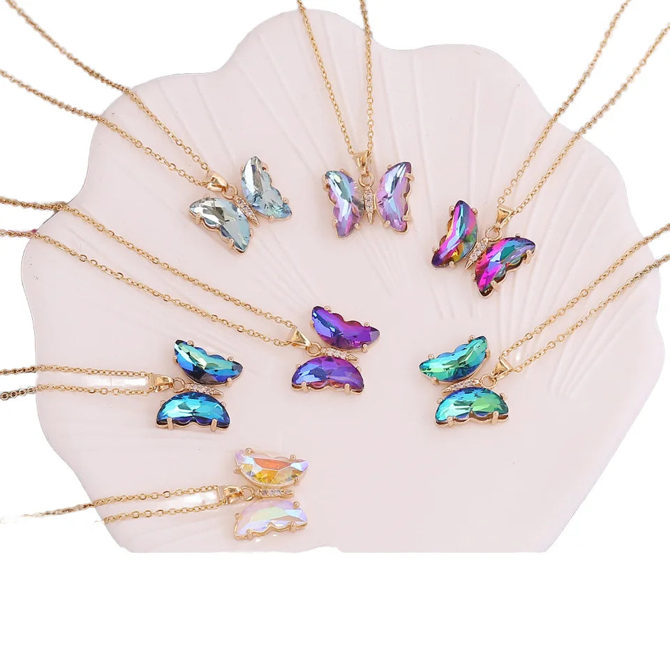 Female Fashion Jewelry Stainless Steel Gradual Color Butterfly Crystal Pendant Necklace with Link Chain Trendy Style for Gift