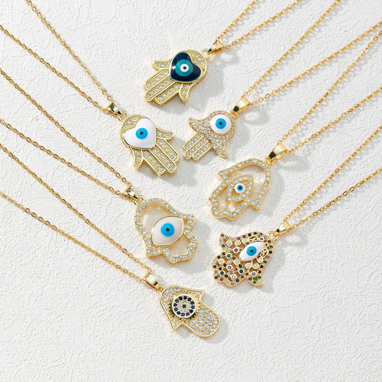 Hollow Hand Hamsa Gold Plated Evil Eye Necklace Women Shiny Heart Drop Turkish Blue Eye Sweater Clavicle Chain Jewelry