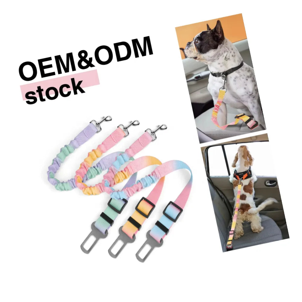 Adjustable Safety Vehicle Carabiner Elastic Bungee Anti Shock Dog Leash Gradient Color Dog Car Seat Belt with Clip