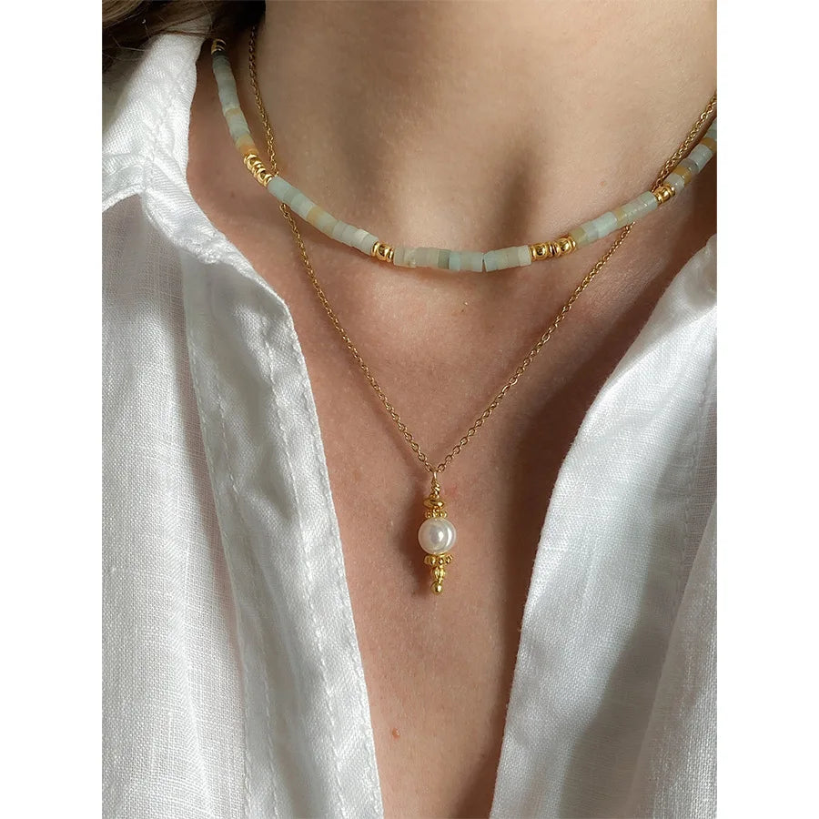 Natural Amazonite Pearl Abacus Stone Beaded Necklace Choker for Women Minimalist Fashion 14k Gold Plated Copper Beaded Necklace
