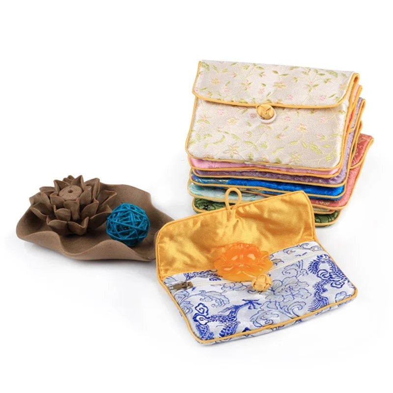 Chinese Style Classic Knot Jewelry Pouch Small Satin Zipper Gifts Bags with Silk Brocade for Rings Holder