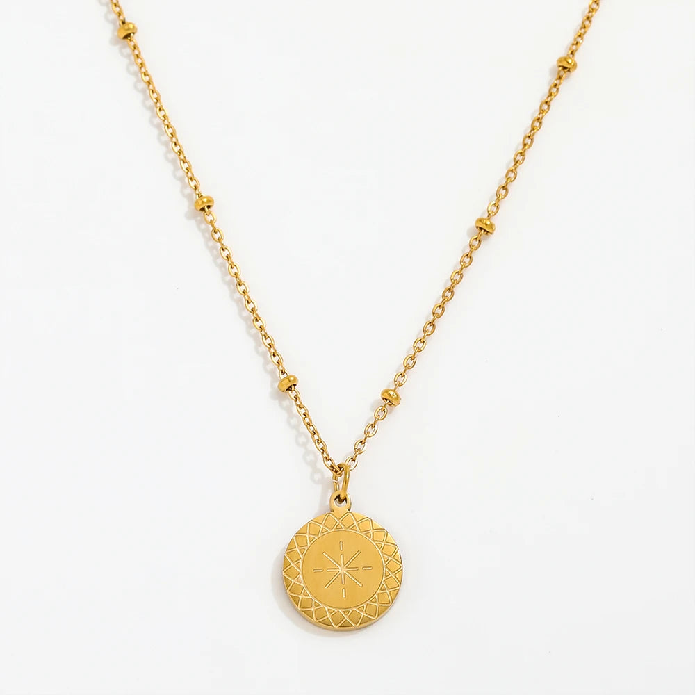 JOOLIM 18k PVD Gold Plated Starburst Round Coin Pendant Necklace Stainless Steel Necklace MegaBDM