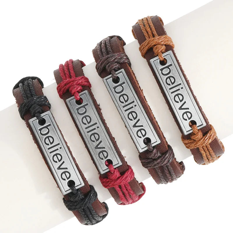 Hot Selling Engrave Believe Letter  Hand-woven Rope Men Bangle Real Leather Bracelet 4 Color Fashion Bracelets for Men