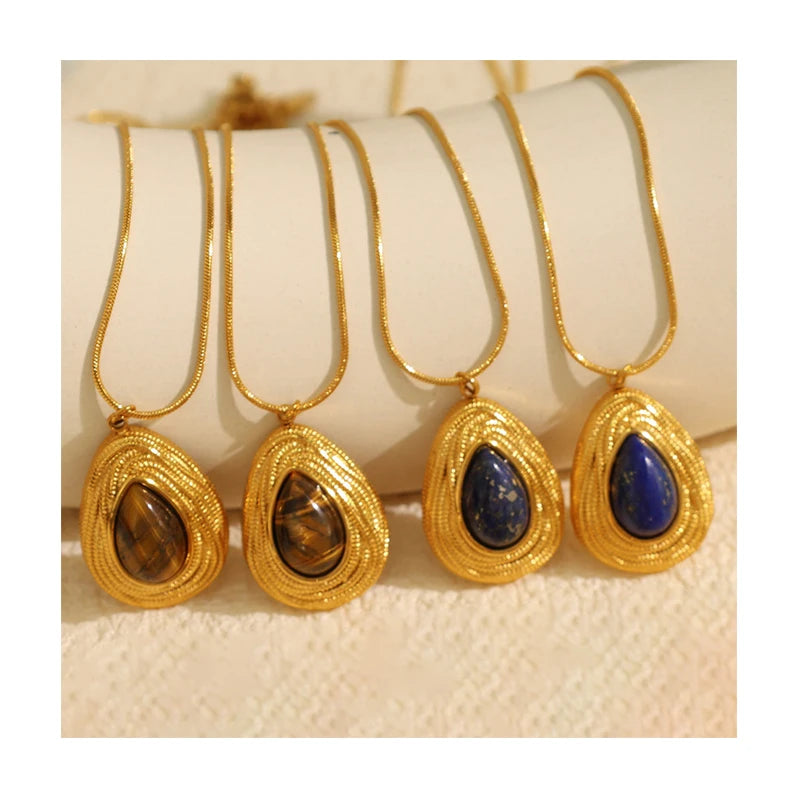 Waterproof Stainless Steel Teardrop Pendant Necklace Gold Plated Lapis Lazuli Tiger's Eye Gemstone Jewelry Chunky Style Gift