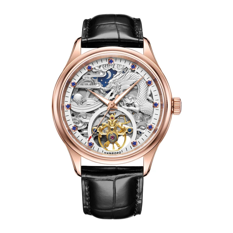 HANBORO Men's Luxury Fully Automatic Mechanical Watch 41mm Sapphire Crystal Pointer Dial 5BAR Water Resistant Cow Leather Band