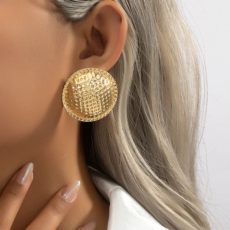 Vintage Metal Gold Plated Round Button Stud Earrings for Women Girls Exaggerated Chunky Statement Jewelry New