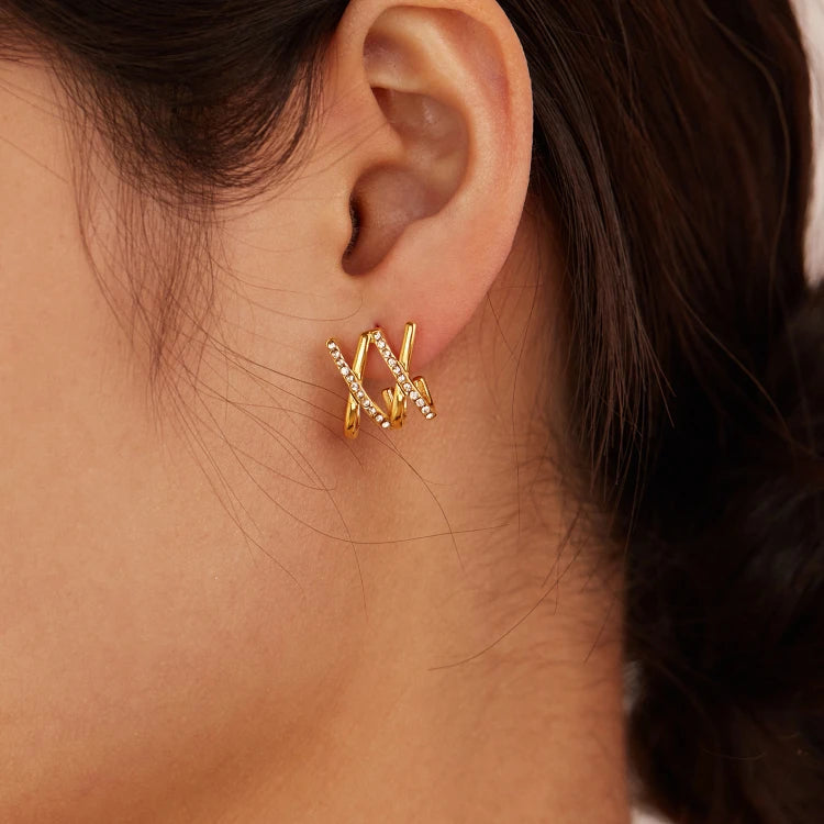 G3775 Wholesale Stainless Steel Statement XX Earrings Double Cross Zircon Stud Earrings for Women Fashion Jewelry