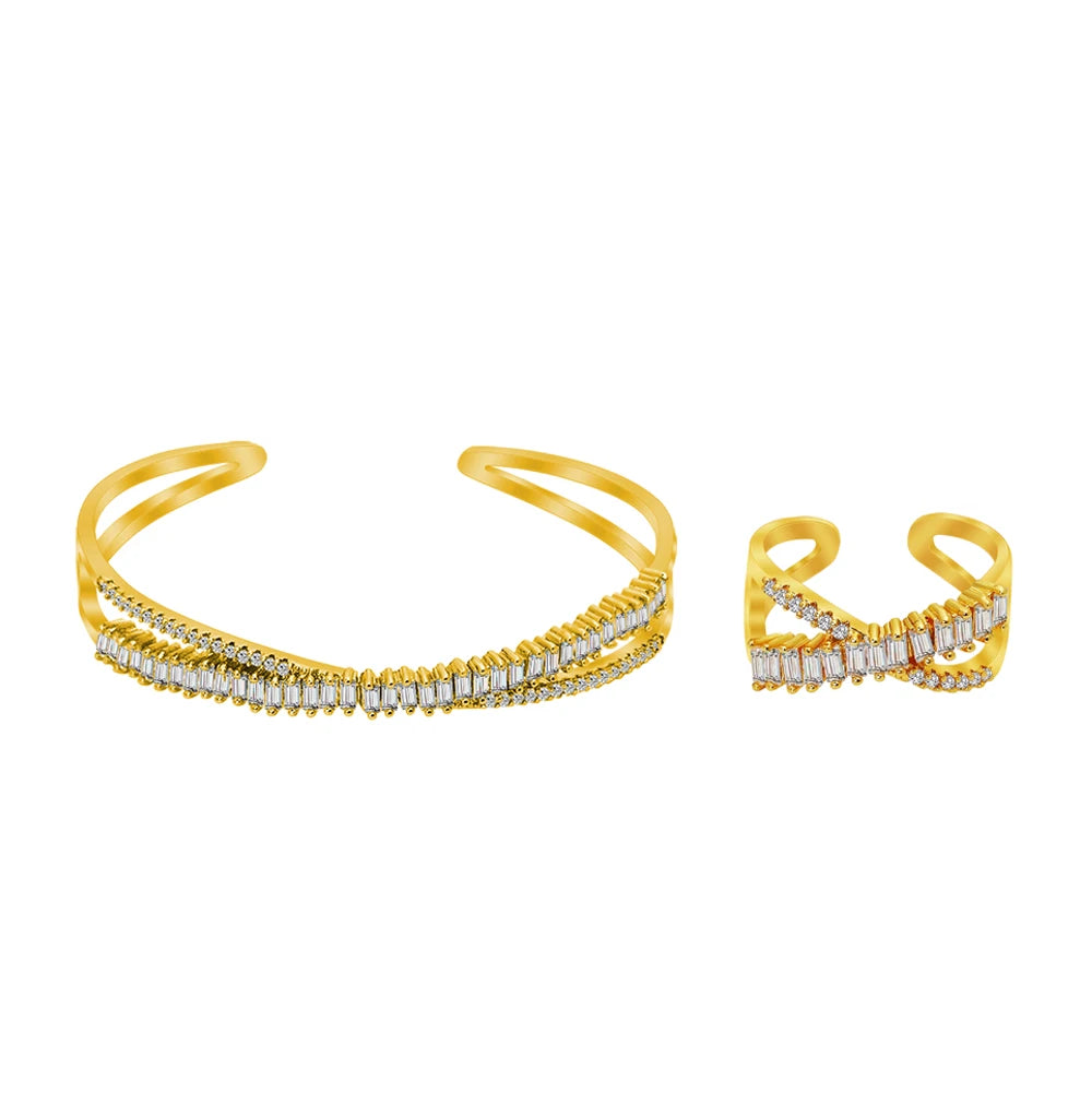 Newest Hot Sale Cubic Zirconia Open Bracelet and Ring Jewelry Set for Women